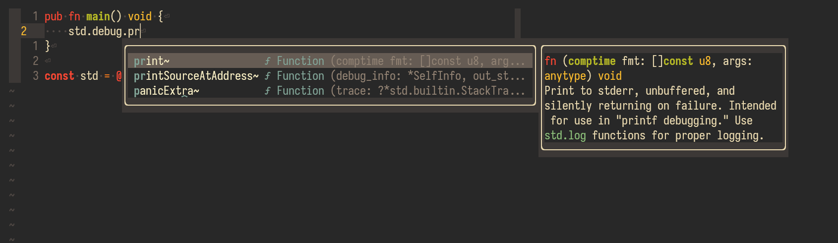 Zig std.debug.print autocomplete